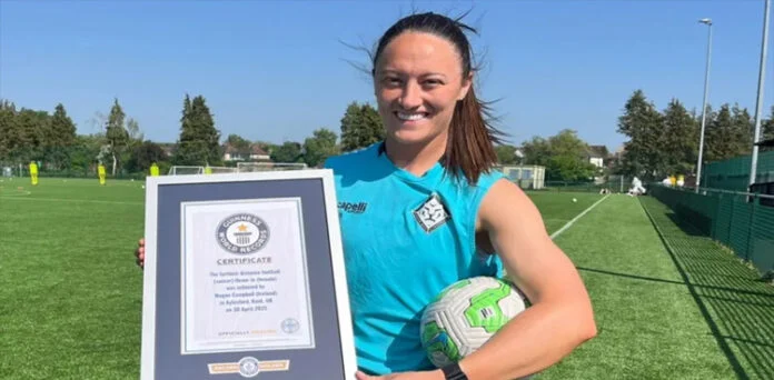 Irish footballer Megan Campbell sets a new Guinness World Record for the longest throw-in